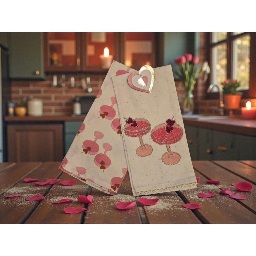 Set Of 2 Pink & Red Valentines Day Heart Love Martini Kitchen Towel 20" X 28"